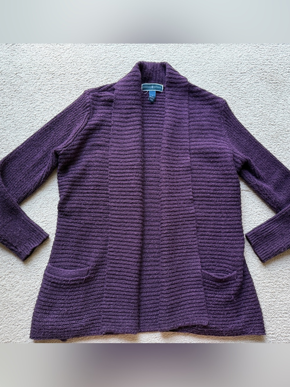 Karen Scott Cardigan Sweater Dark Purple Acrylic Long Sleeve Woven Pockets Small